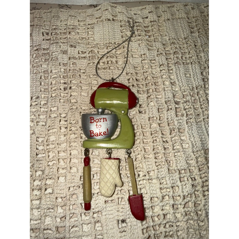 Born to Bake Stand‎ Mixer Christmas Ornament Green Red Kitchen Baker Gift 4.5"